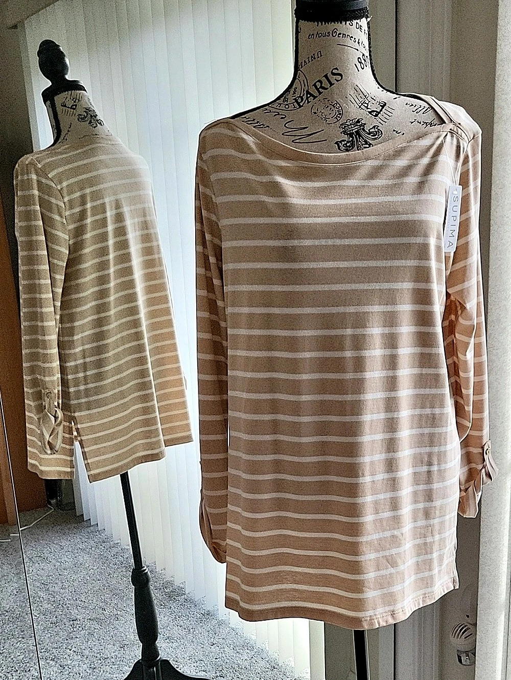 Lands' End Women's  Long Sleeve  Cotton Supima Tunic Tan & White Medium